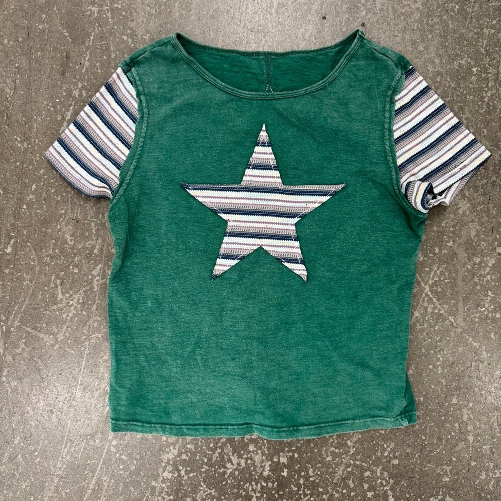 vintage Baby Tee Women Small Green Excellent Y2K Star Layered Striped Top